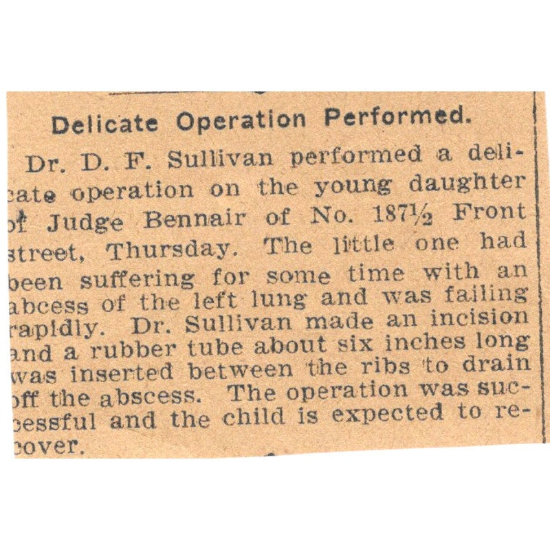 Dr. D.F. Sullivan Operation Judge Bennair Hartford 1901 Newspaper Ad AD8-HS9