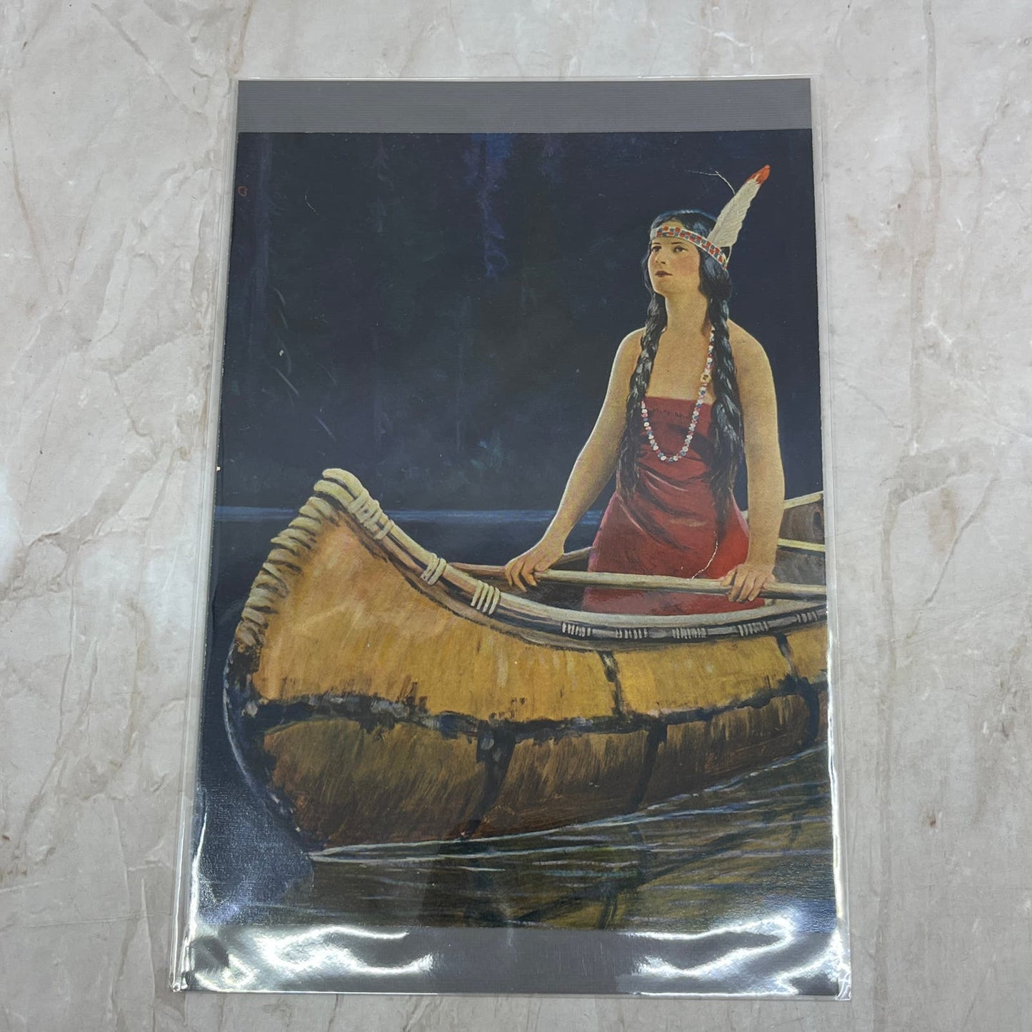 Indian Maiden in Canoe Native American Vintage Art Print FL6-9