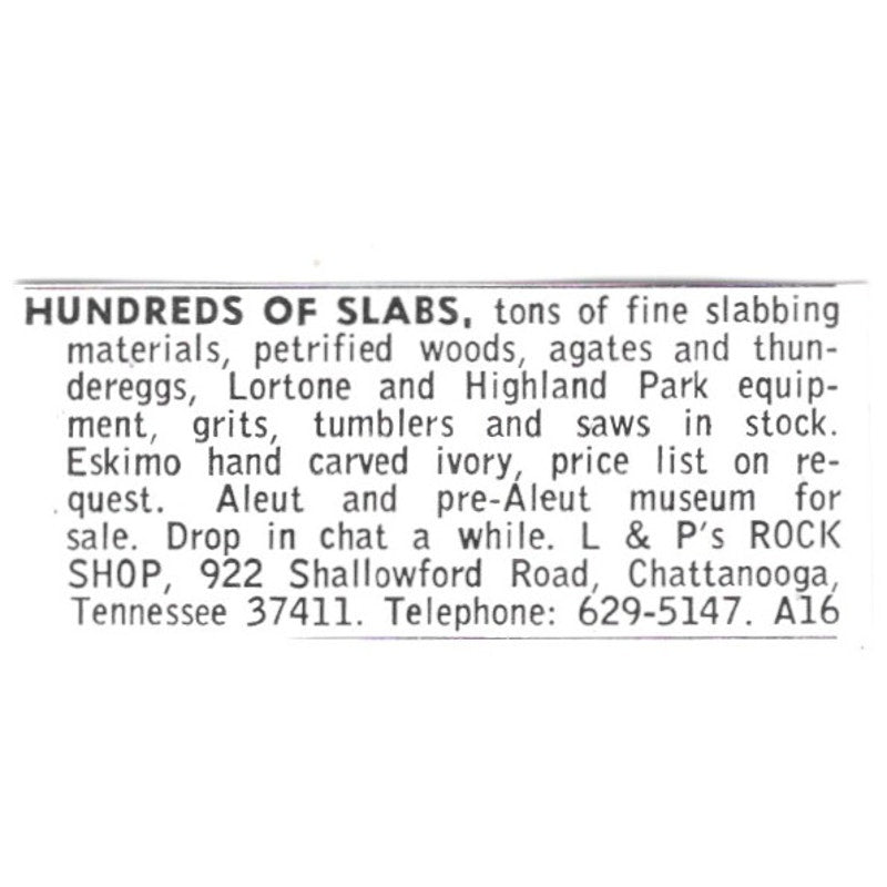 L&P's Rock Shop Lapidary Slabs Chattanooga Tennessee 1972 Ad AF8-S12