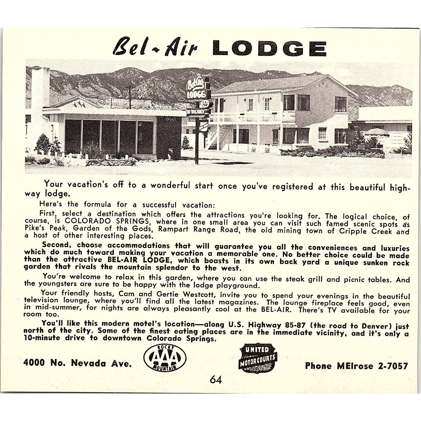 Park Row Lodge, Bel-Air Lodge Manitou Springs CO 1958 Ad AG1-H2