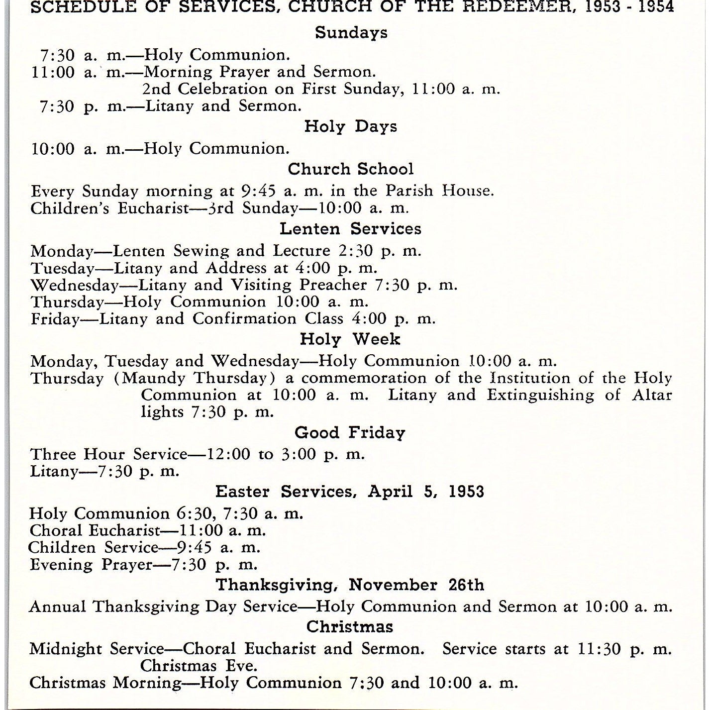 1953-54 Church of the Redeemer Schedule of Services Biloxi Mississippi AG9-3