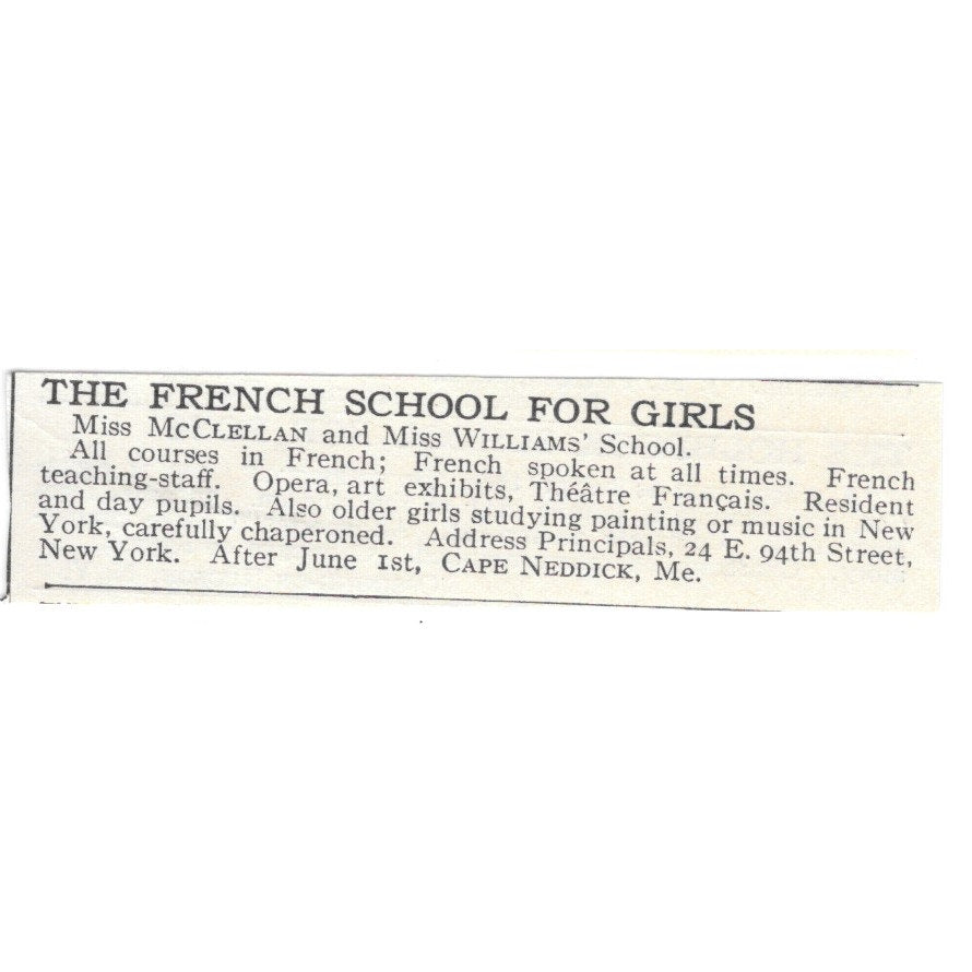 The French School for Girls New York NY Cape Neddick c1920 Harper's Ad AG4-S8