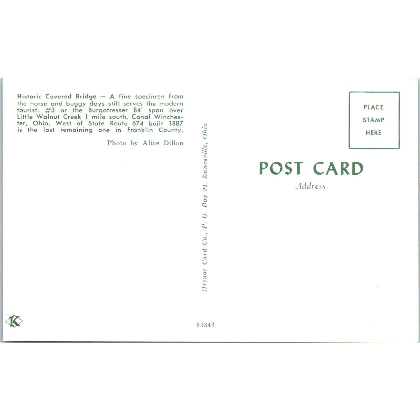 Franklin County 3 Walnut Creek Canal Winchester OH Covered Bridge Postcard PC14