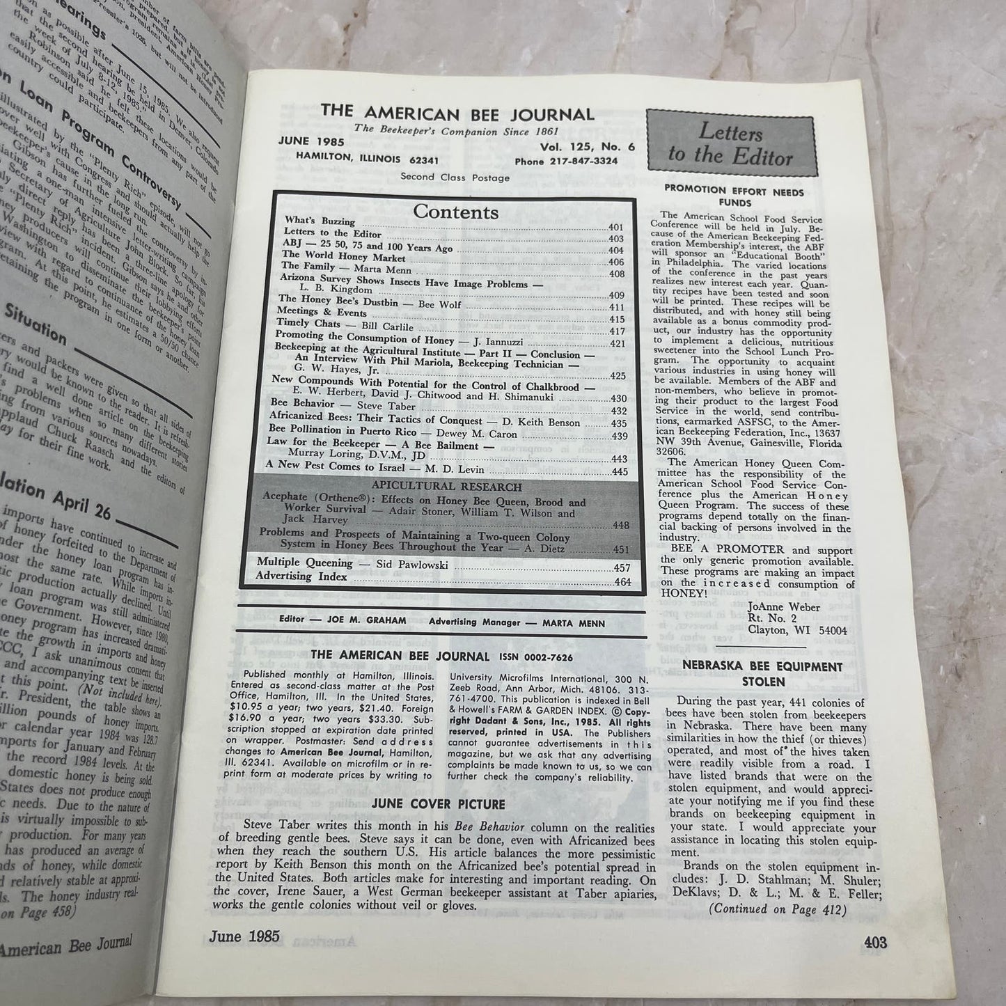 1985 June American Bee Journal Magazine Bees Beekeeping Honey M8