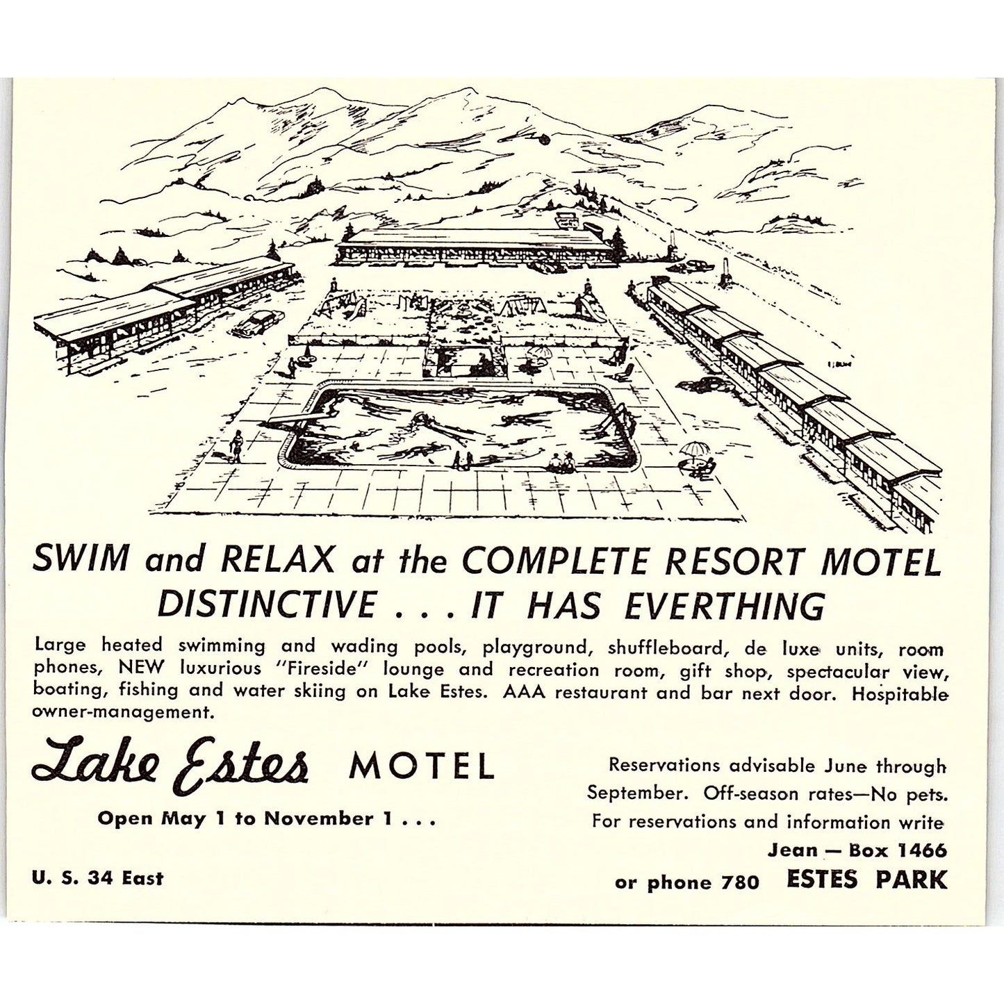 Lake Estes Motel Estes Park CO 1958 Ad AG1-H4