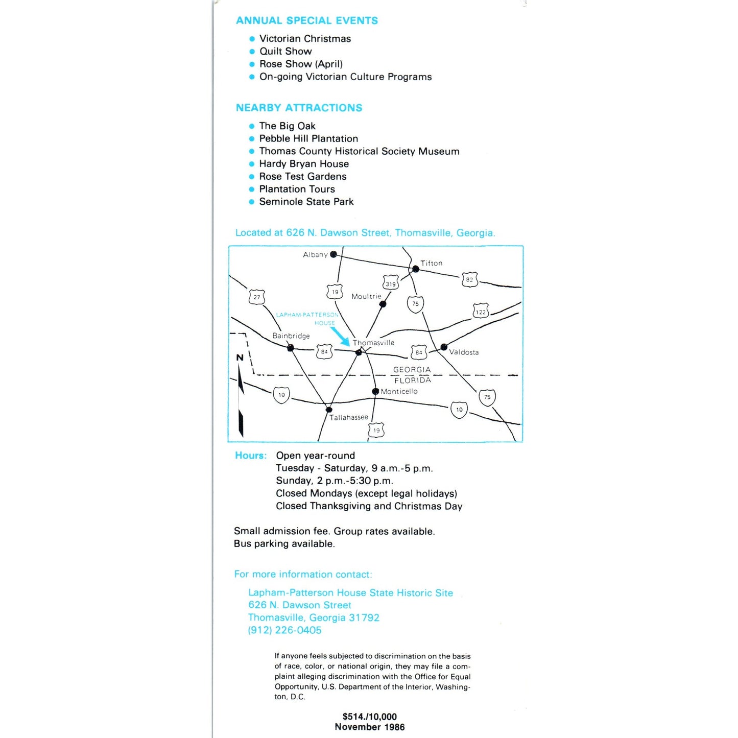 Vintage 1986 Lapham-Patterson House Historic Site Thomasville GA Leaflet TF4-B3