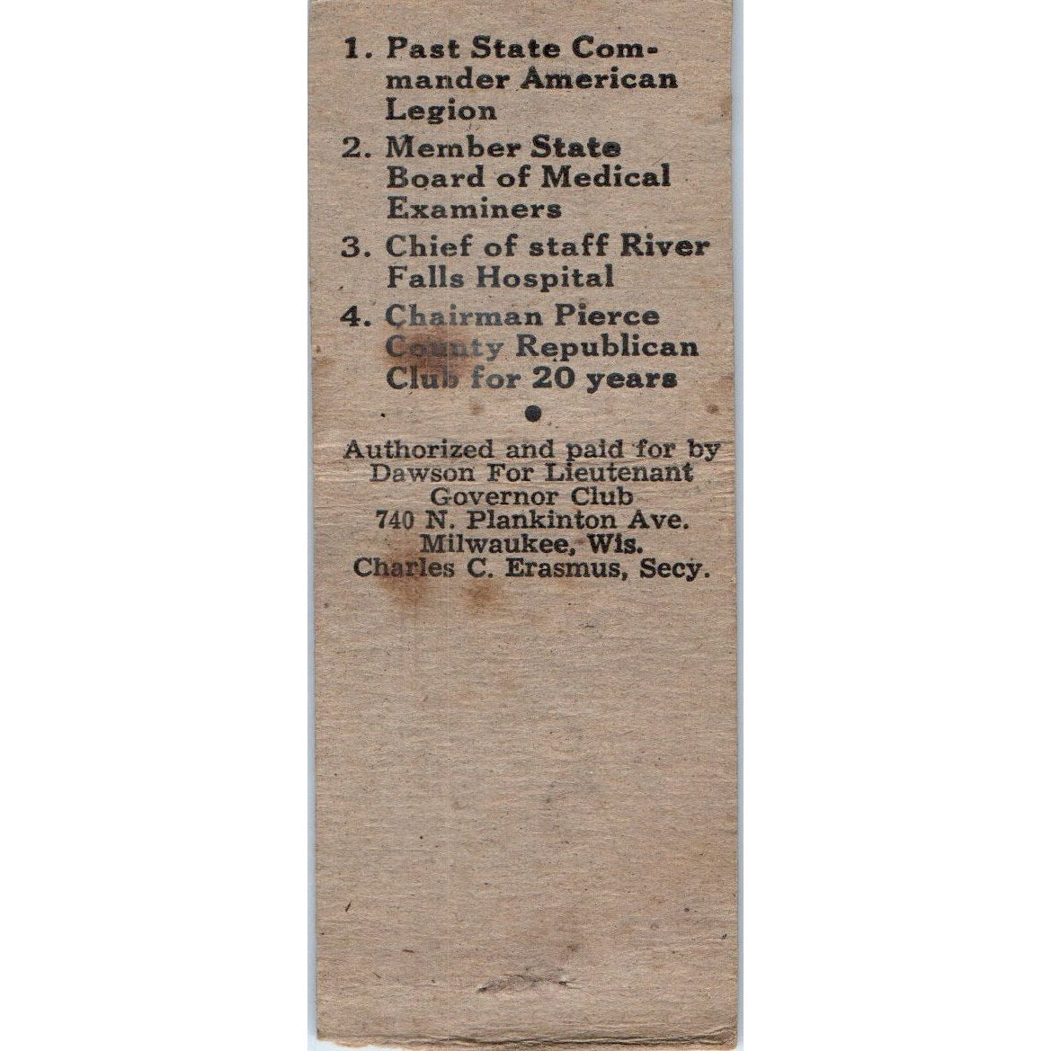 Dr. Charles A. Dawson For Lt. Governor Republican Milwaukee Vtg Matchbook SF4-Y4