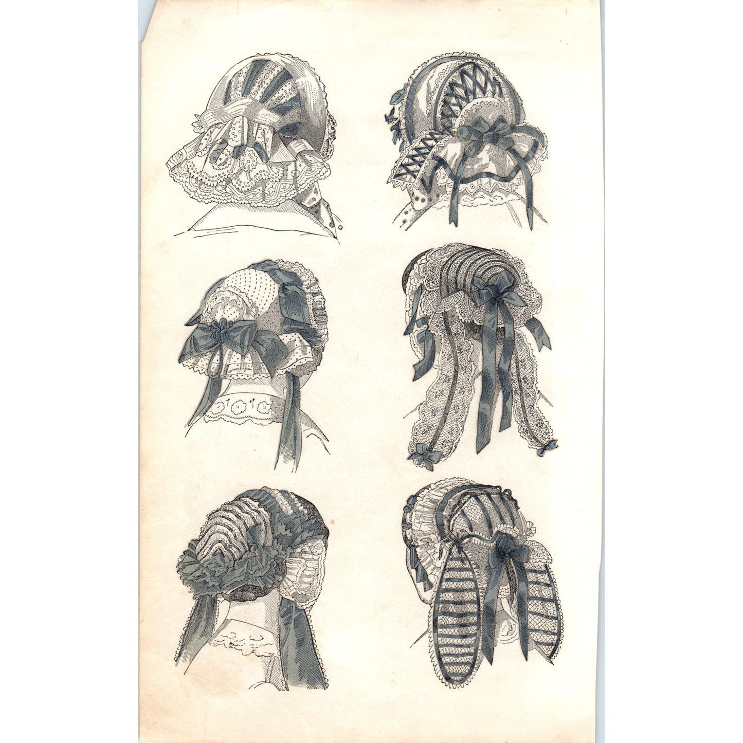 Pre-Civil War Fashionable Bonnets Hand Tinted 1857 Original Engraving D19-5