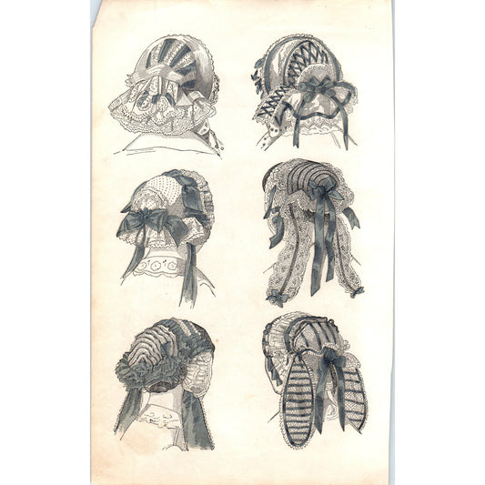 Pre-Civil War Fashionable Bonnets Hand Tinted 1857 Original Engraving D19-5