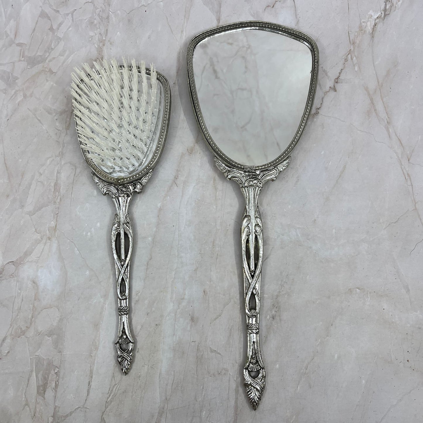 1950s Vanity Set Brush Comb Mirror Chrome Silver Toned Ornate Roses TF5