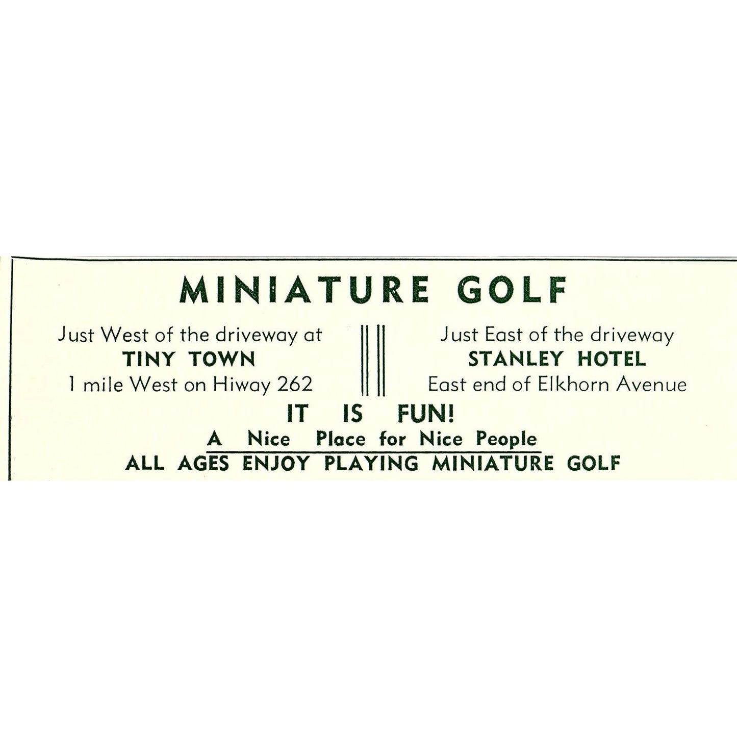 Tiny Town Miniature Golf, Baird Gift Shop 1957 Estes Park CO Ad AG4-M1