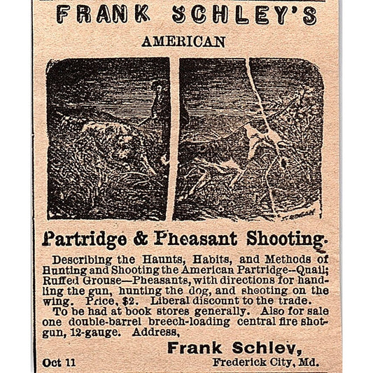Frank Schley Partridge and Pheasant Shooting Frederick City MD 1878 Ad AG2-M14