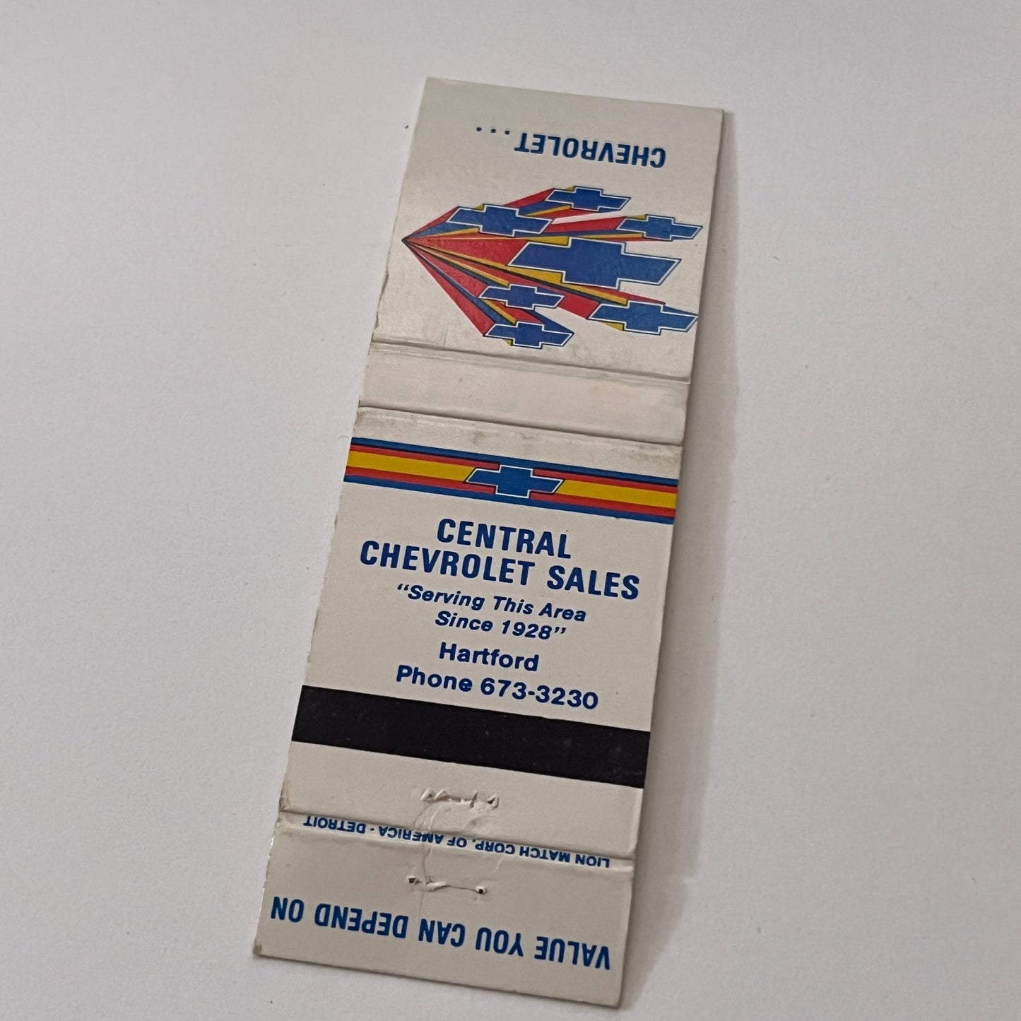 Central Chevrolet Sales Hartford Vintage Matchbook Cover TB6-MB2-1