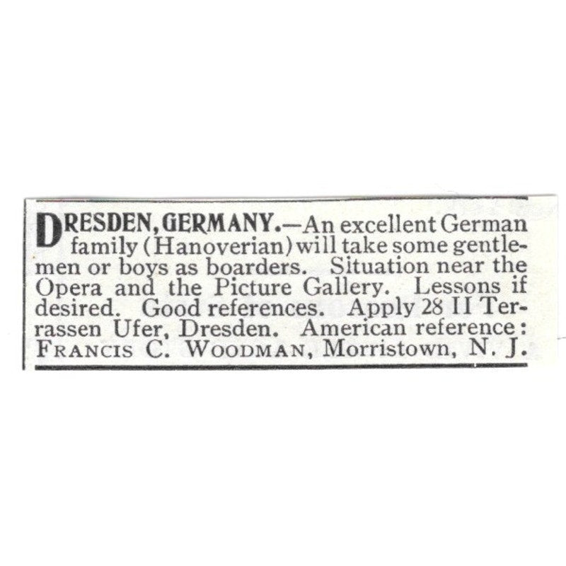 Dresden Germany Boarding House Francis C. Woodman Morristown NJ 1903 Ad AF8-S39