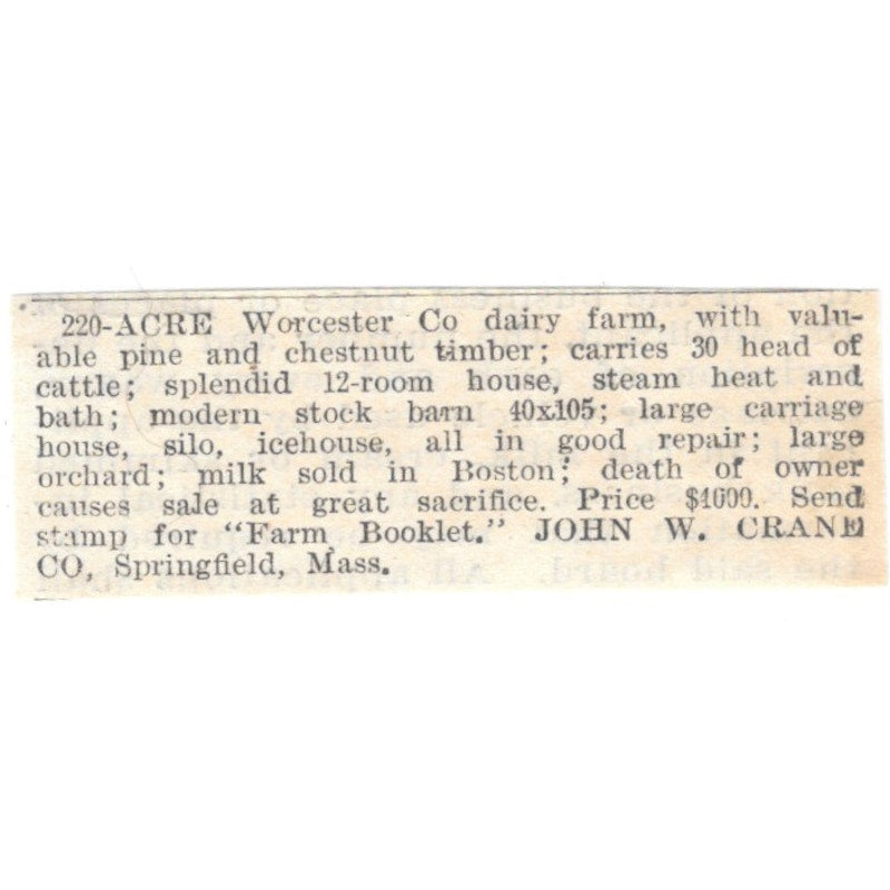 220 Worcester Co Dairy Farm John W. Crane Co Springfield MA 1905 Ad AF1-NES2