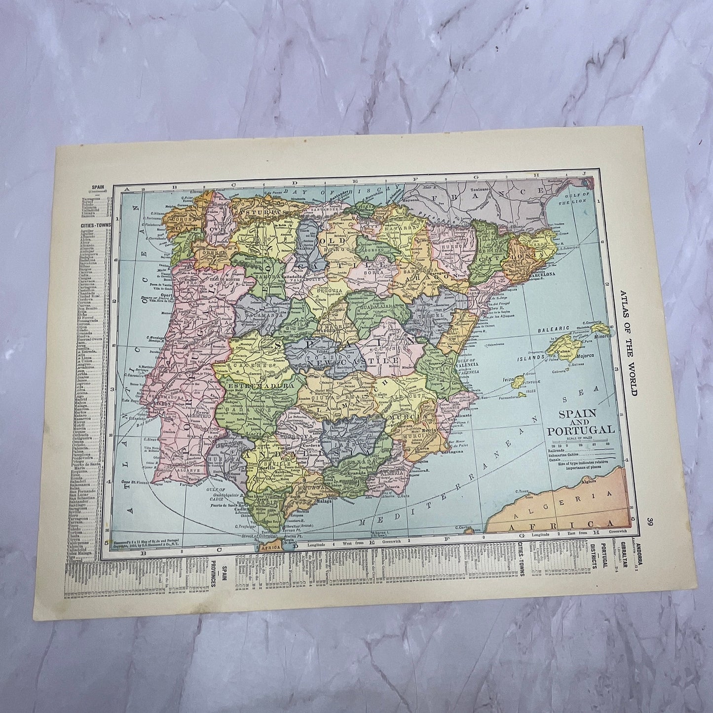 Map of Italy, Spain & Portugal Double Sided 1910 Print V14-7