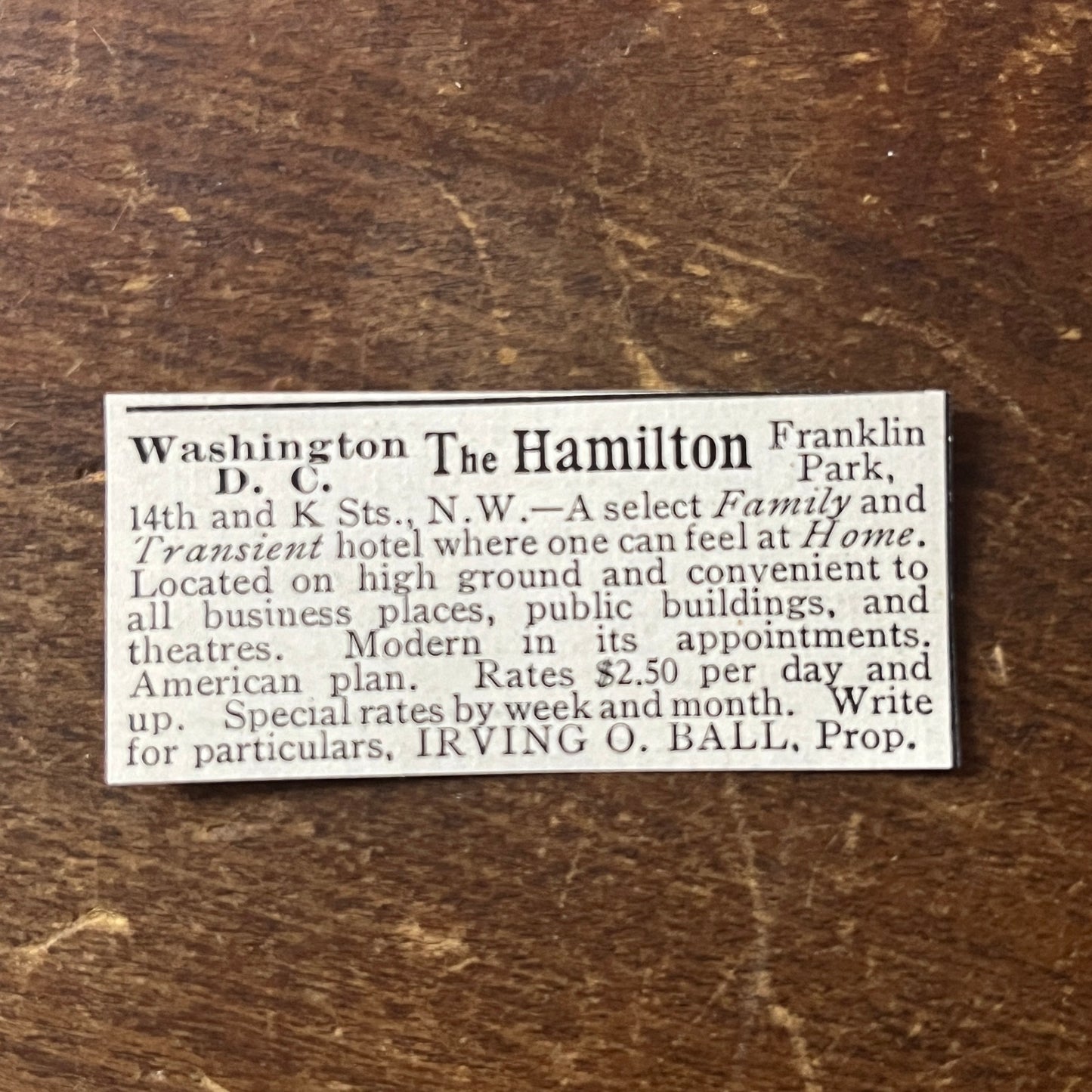 The Hamilton Hotel Franklin Park Washington DC Irving O Ball 1903 Ad AF8-S37