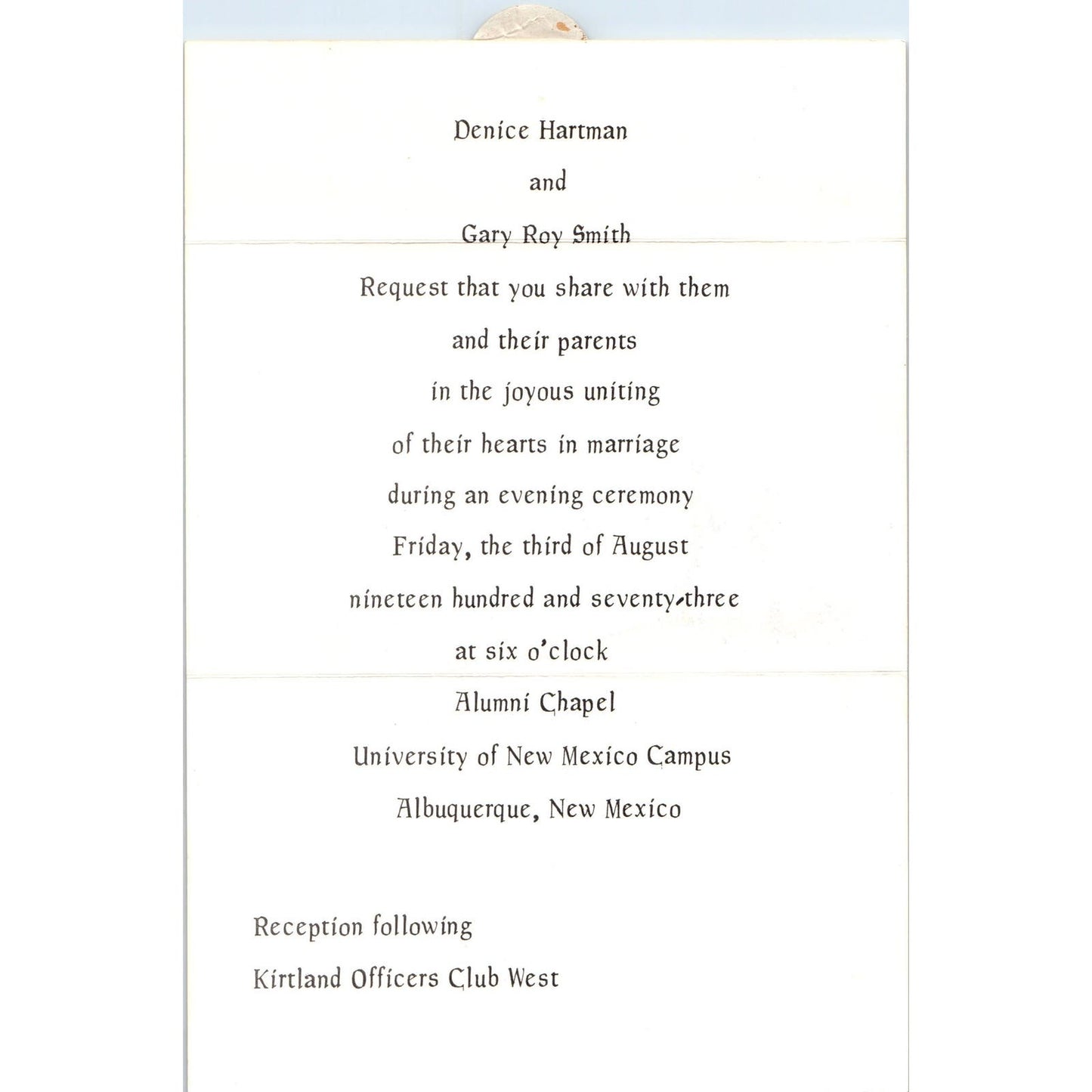 1973 Denice Hartman & Gary Roy Smith Wedding Invitation Albuquerque NM AE8