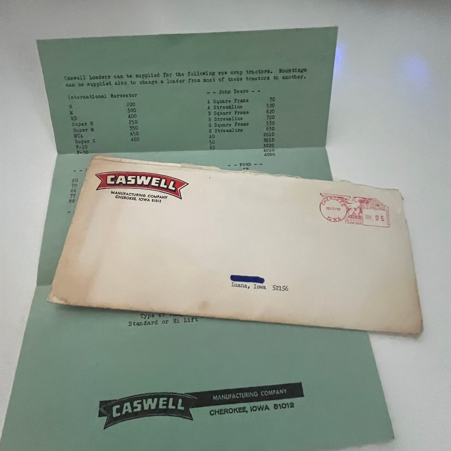 1967 Caswell Manufacturing Company Cherokee IA Farming Ephemera AJ3-1