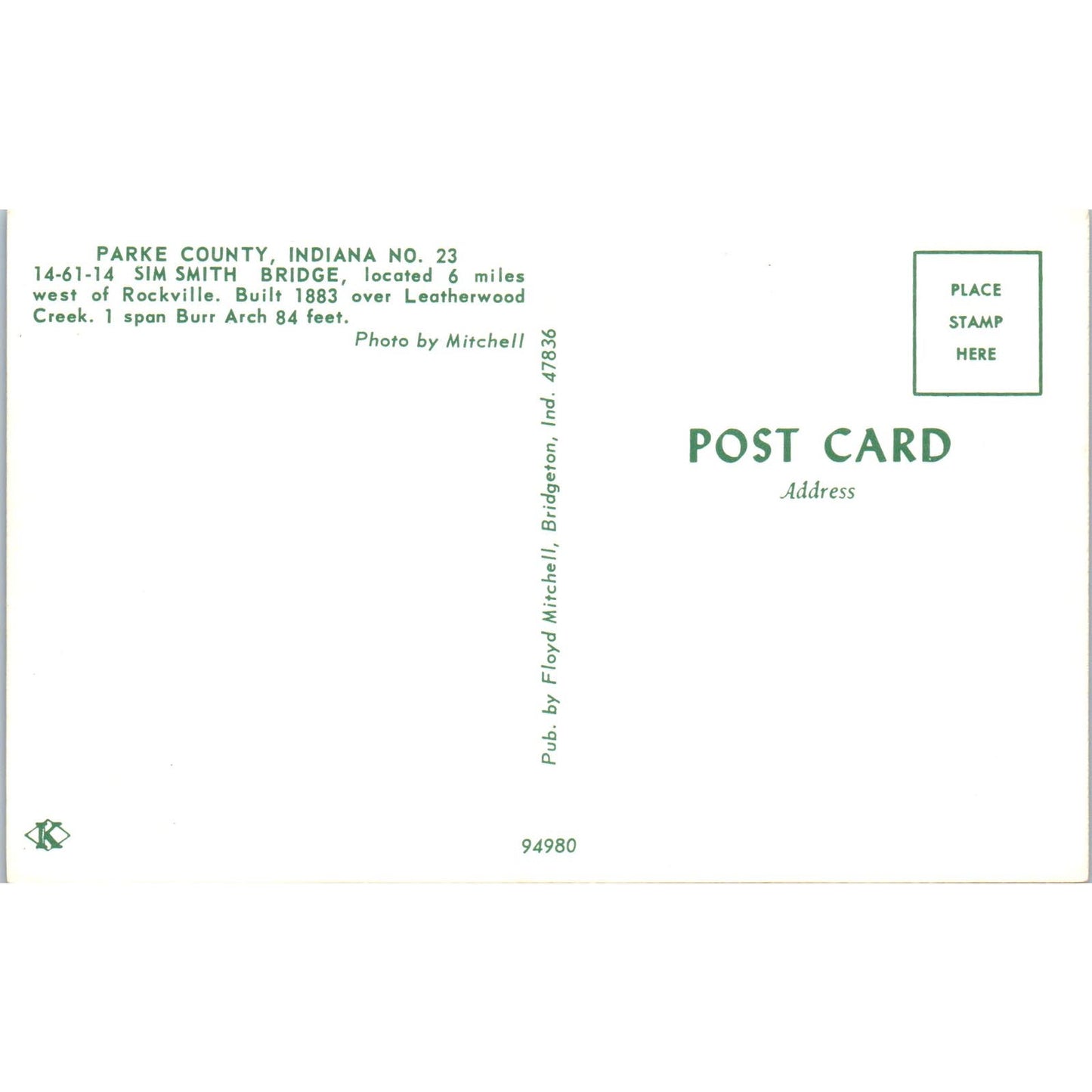 Parke County Bridge 23 Sim Smith Indiana Vintage Covered Bridge Postcard PD3