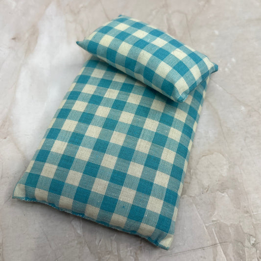 Retro Doll House Mattress and Pillow Handmade Blue Plaid 3x4.5" TE9