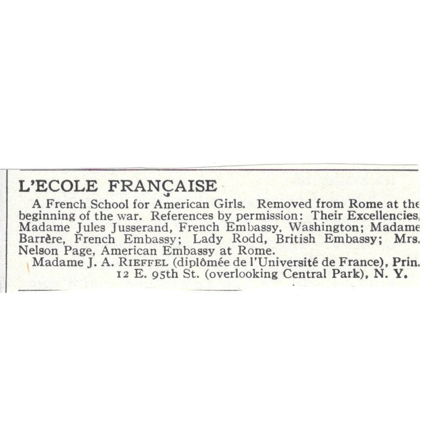 L'ecole Francaise New York NY Mrs. Nelson Page c1920 Harper's Magazine Ad AG4-S8