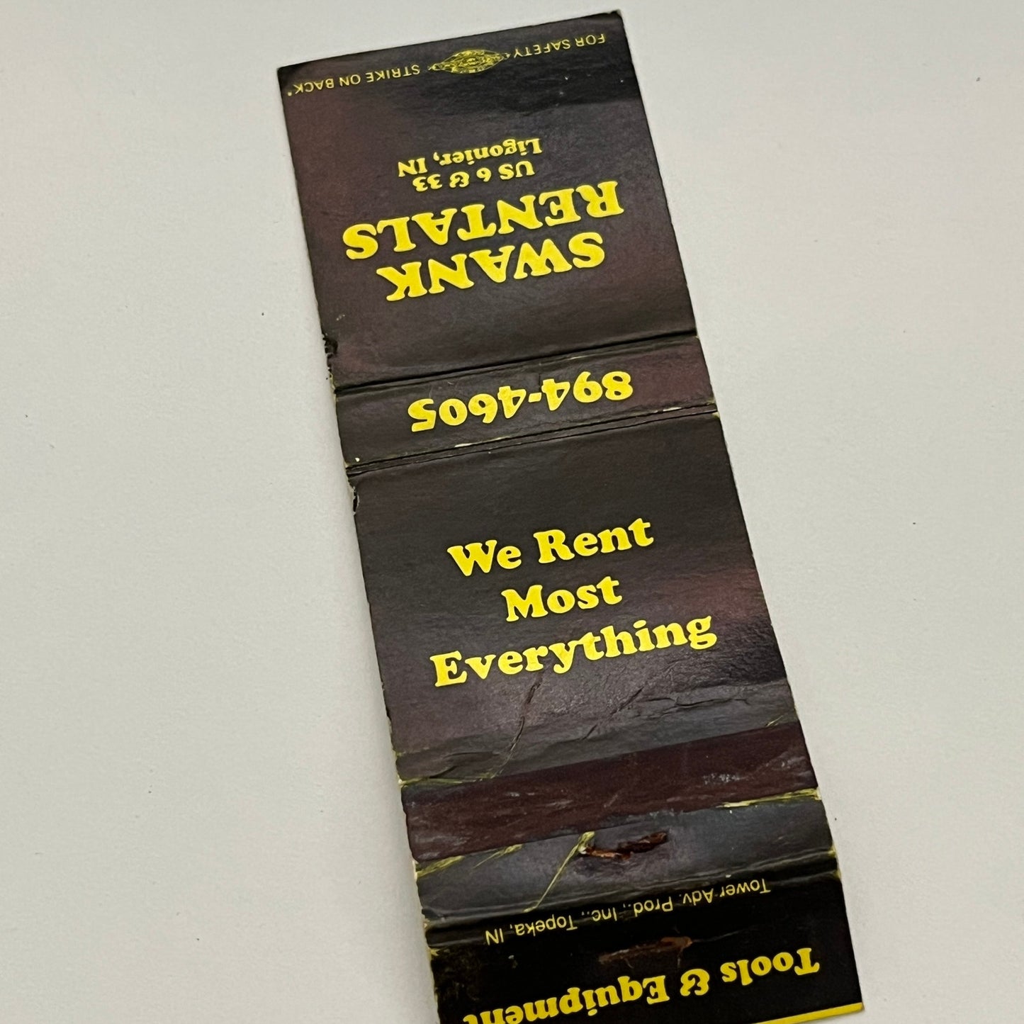 Swank Rentals US 6 & 33 Ligonier Indiana Vintage Matchbook MB59-1