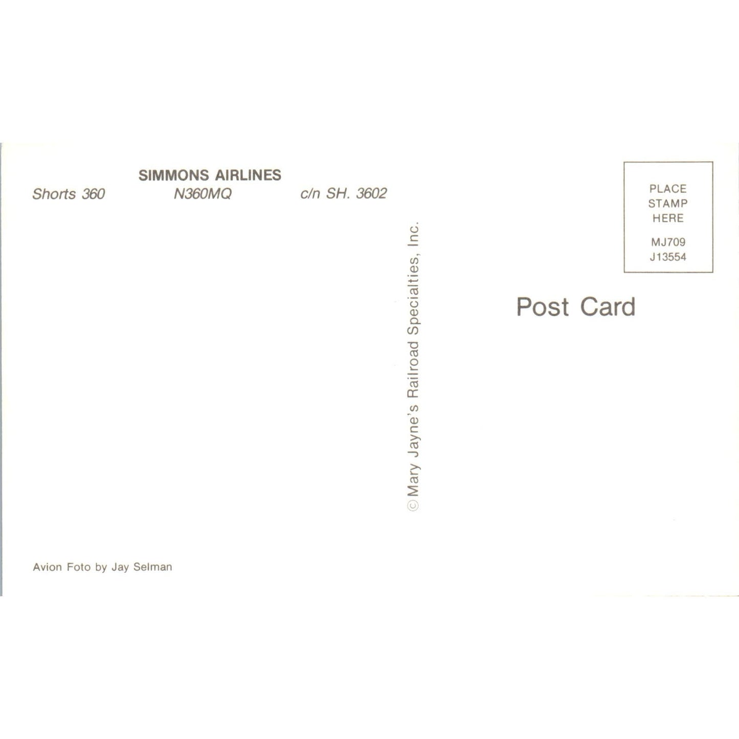 Simmons Airlines Shorts 360 N360MQ Vintage Postcard PC3