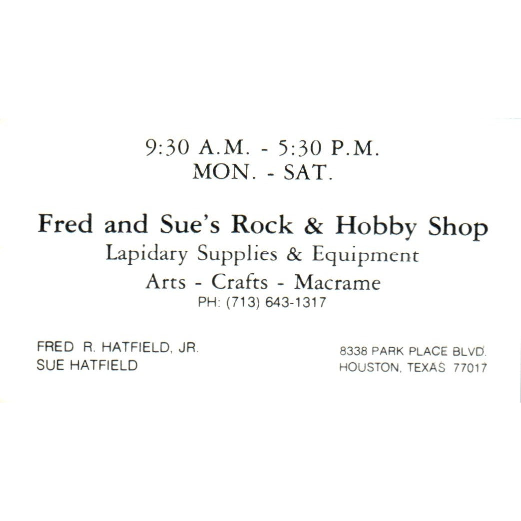 Fred & Sue Hatfield Rock & Hobby Shop Houston TX Vintage Business Card SD8-B7
