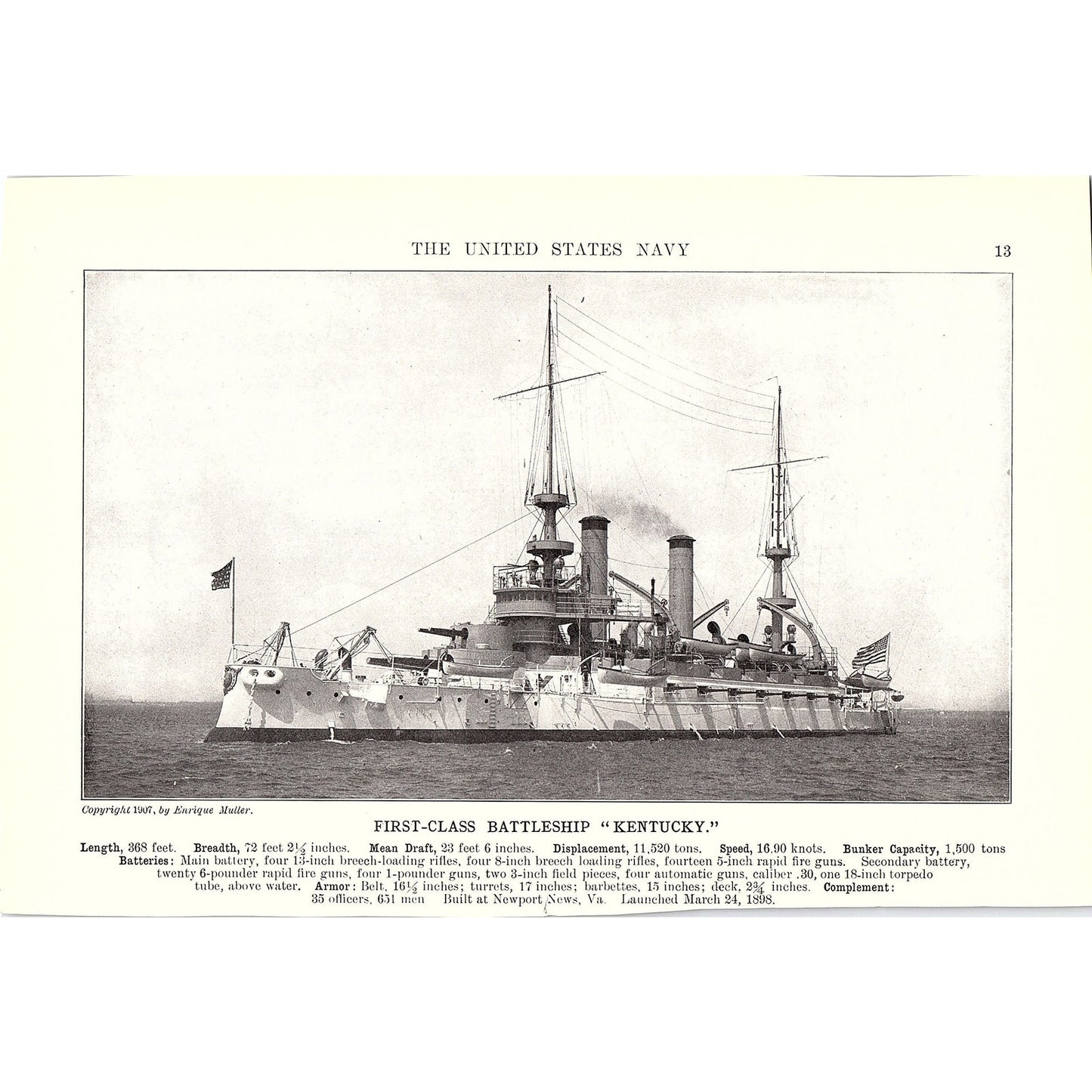 First Class Battleship Iowa & Kentucky Double Sided 1910 Print AF6-20