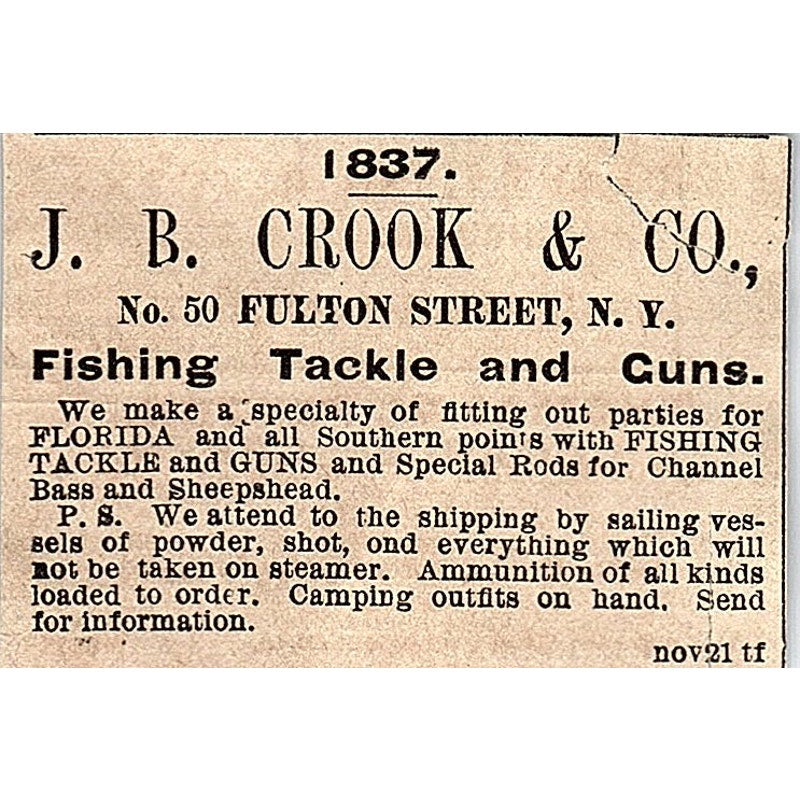 J.B. Crook & Co Fishing Tackle 50 Fulton Street New York 1878 Ad AG2-M15