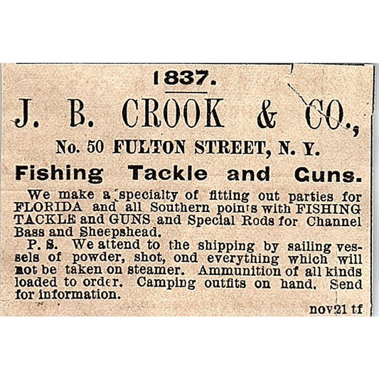 J.B. Crook & Co Fishing Tackle 50 Fulton Street New York 1878 Ad AG2-M15