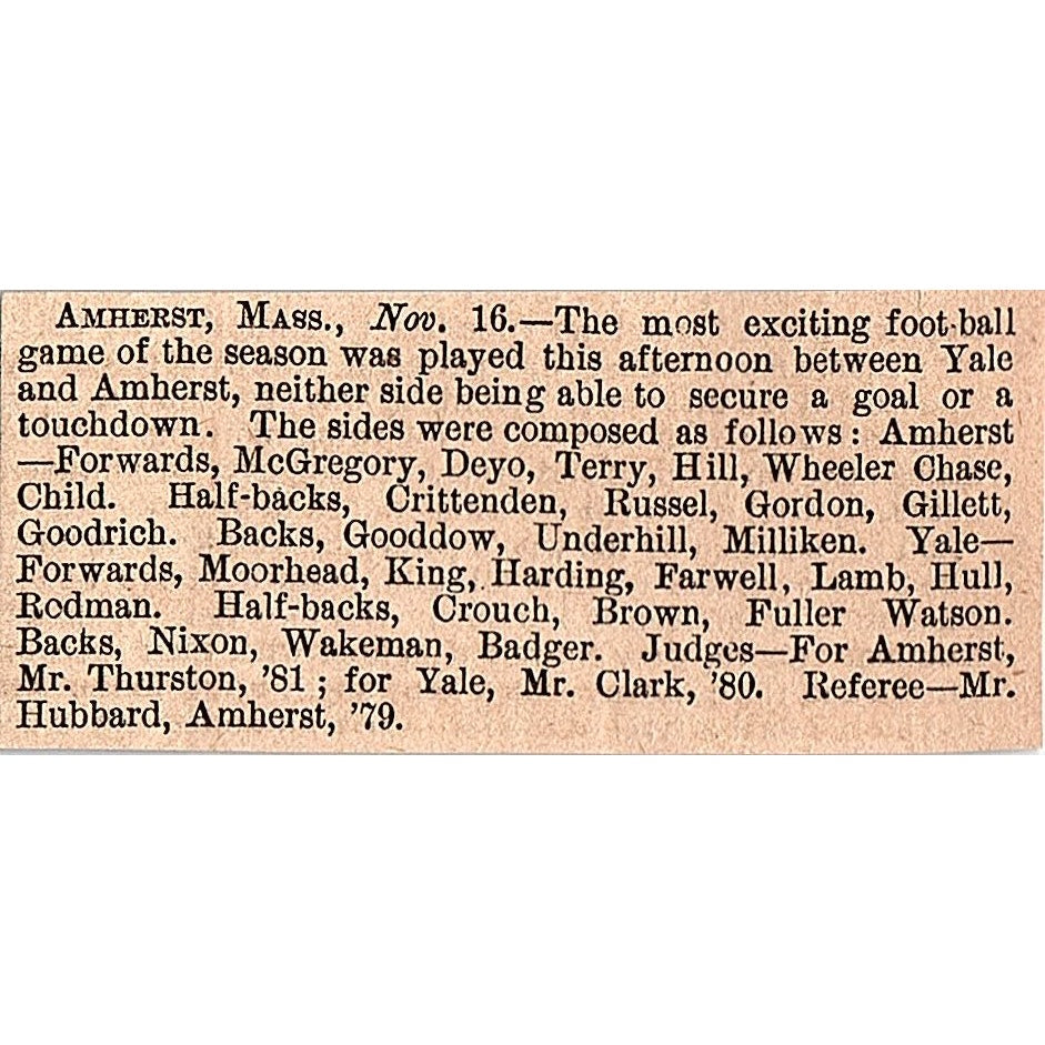 Nov 16, 1878 Yale vs Amherst Football Game Results 1878 Article AG2-S15