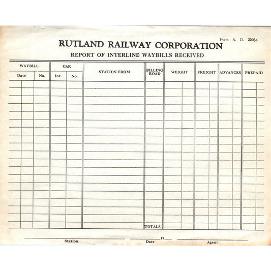 Rutland Railway Corporation Report of Interline Waybills Received Form AE9-X3