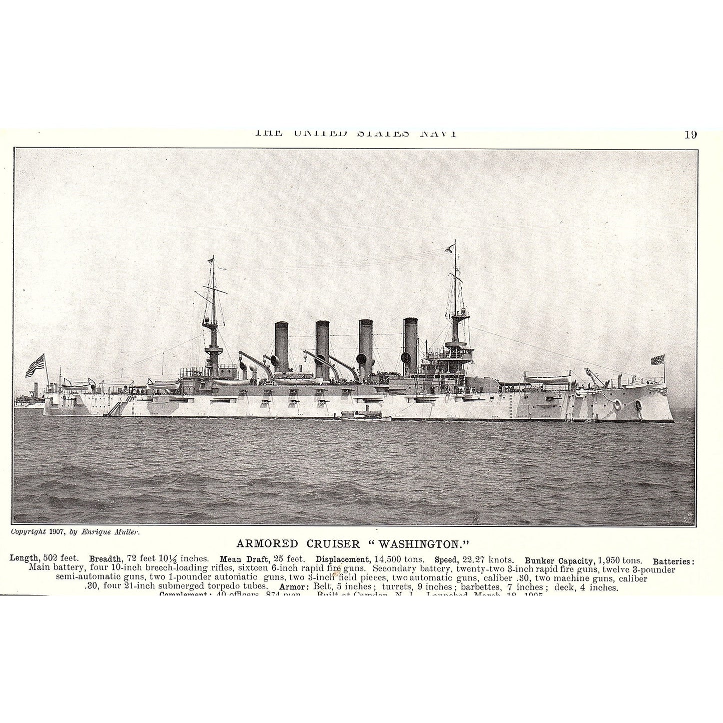 Armored Cruiser Brooklyn & Washington Double Sided 1910 Print AF6-19
