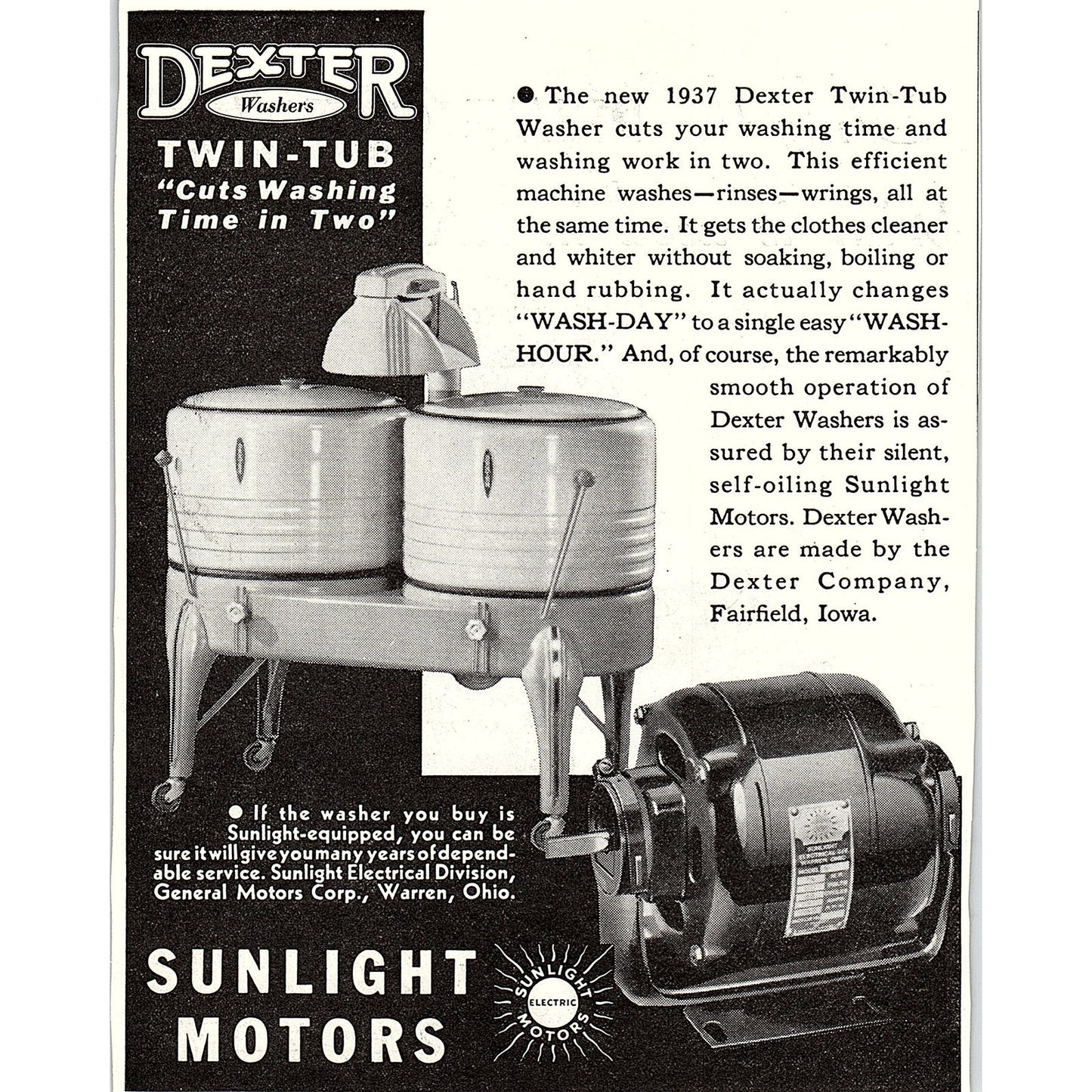 Dexter Twin Tubs Washers General Motors Sunlight Electrical 1937 Ad SAG4-3
