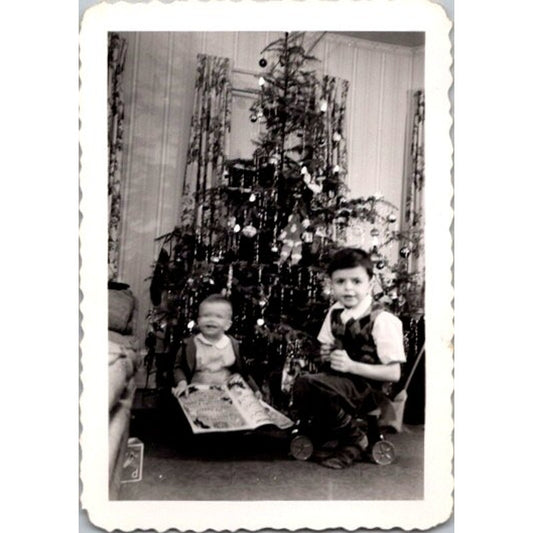 Little Boy & Baby Christmas Tree 2.5x3.5" Vtg Black and White Photograph AI9-M28