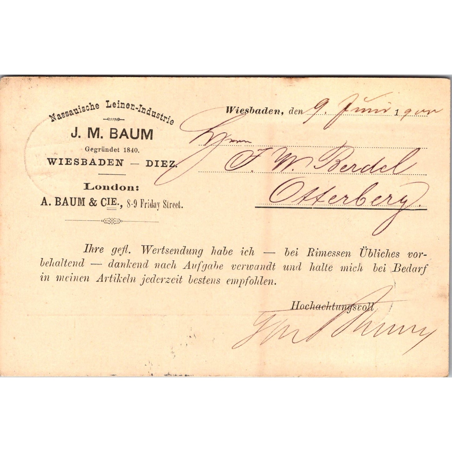 J.M. Baum Wiesbaden - Diez Otterberg 1900 German Reich Postcard TE2-GRP