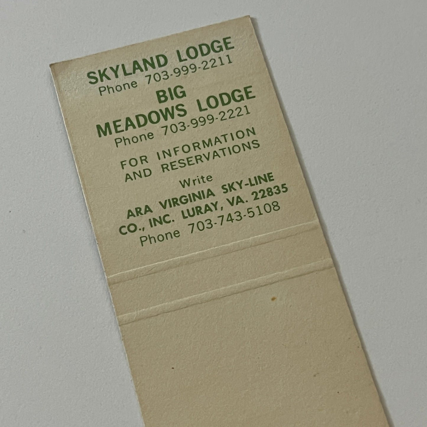 Shenandoah National Park Skyline Skyland Lodge Vintage Matchbook Cover MB59-4