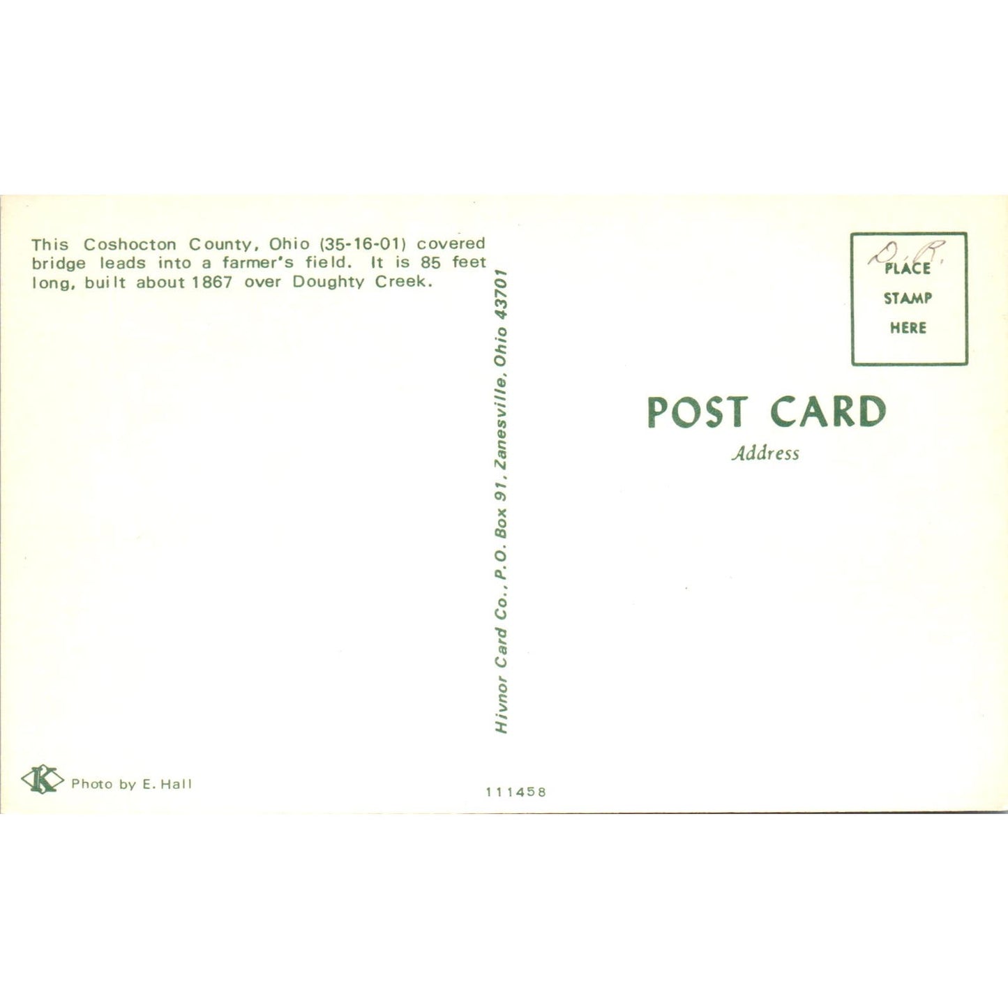 Doughty Creek Bridge Coshocton County Ohio Covered Bridge Postcard PB10