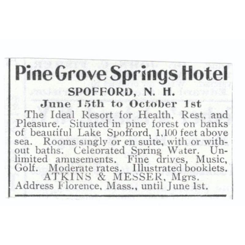 Pine Grove Springs Hotel Spofford NH Atkins & Messer c1918 Advertisement AE5-SV5