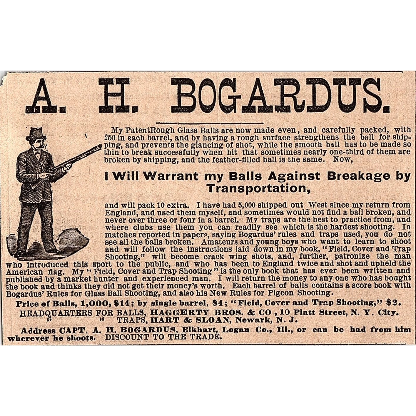 A.H. Bogardus Rough Glass Balls Elkhart Illinois 1878 Ad AG2-H4