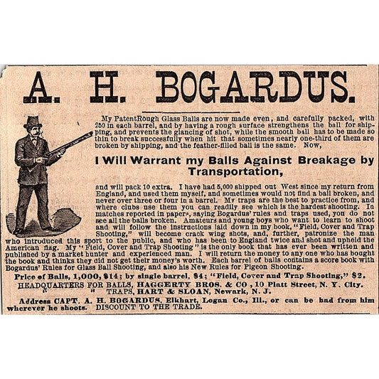 A.H. Bogardus Rough Glass Balls Elkhart Illinois 1878 Ad AG2-H4