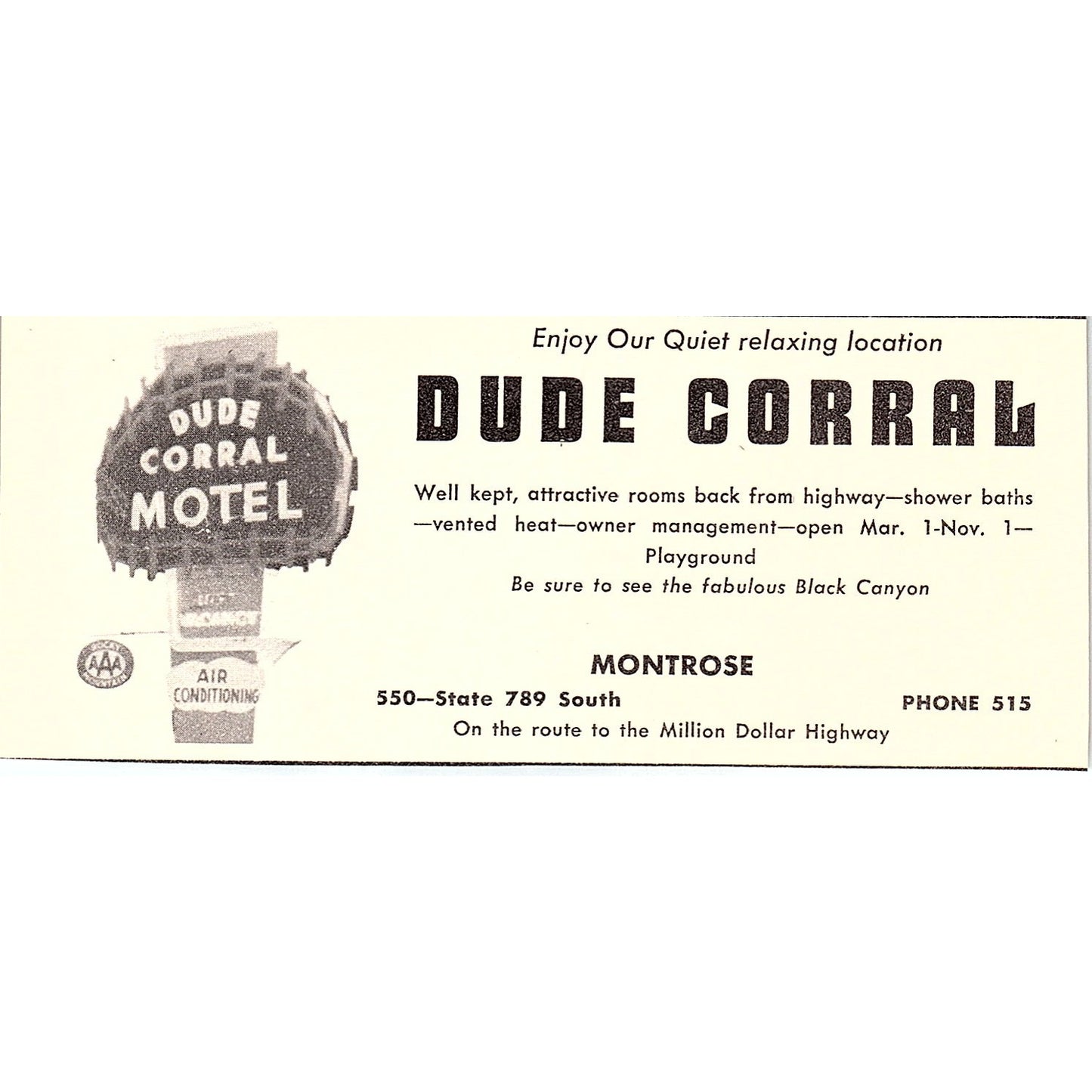 Dude Corral Black Canyon Montrose CO 1958 Ad AG1-M1