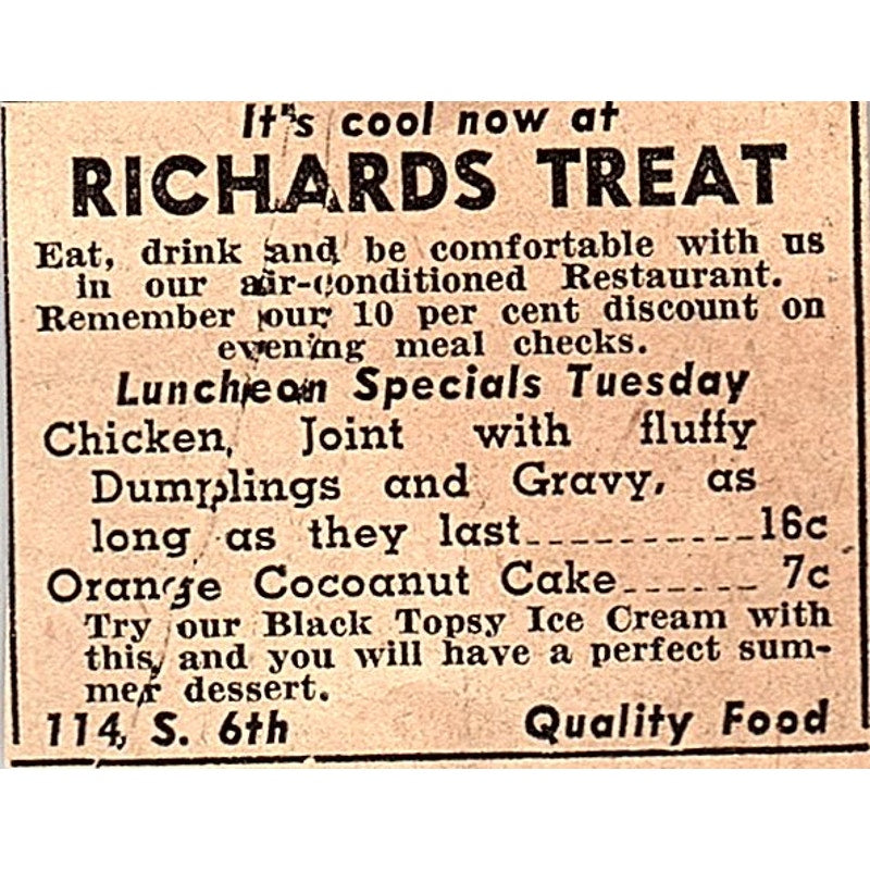 Richards Treat Lunch Specials 114 S. 6th Minneapolis 1935 Newspaper Ad AG6-M3