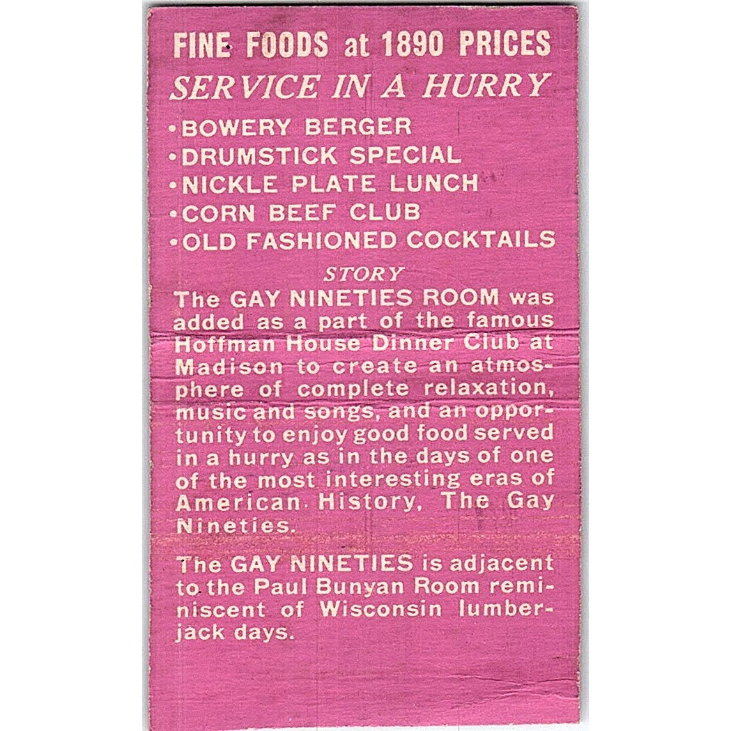 Gay Nineties Hoffman House Madison WI Vintage Matchbook Cover SF3-Y4