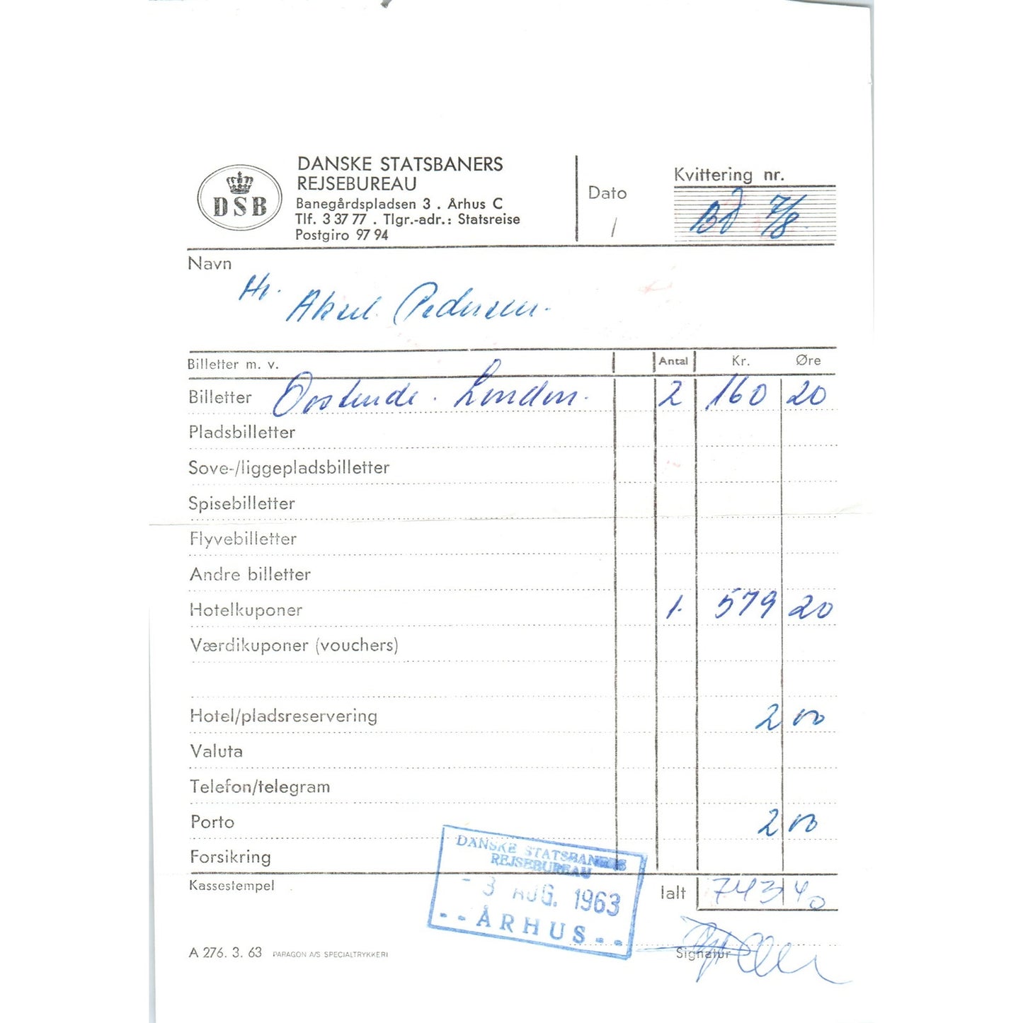 1960s DSB Danish Statsbaners Travel Agency Travel Receipt ÅRHUS AF7-E10