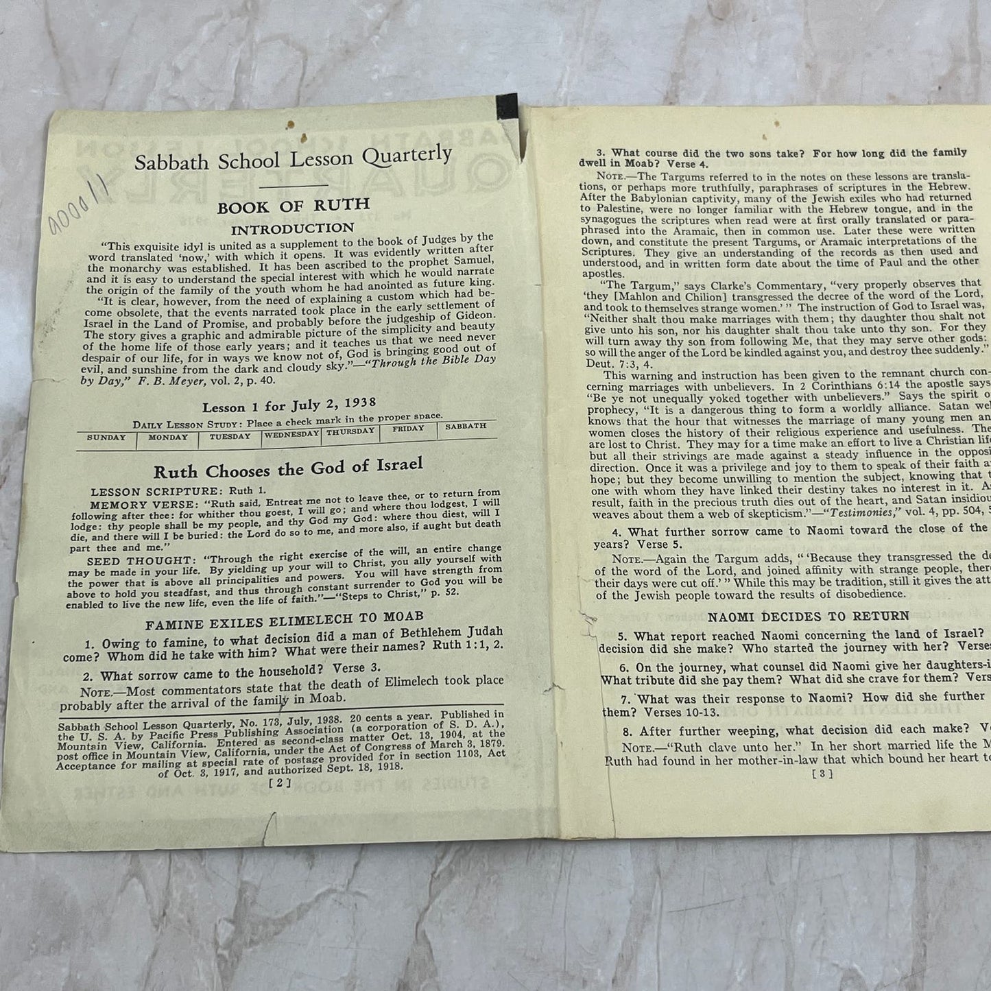 1938 Sabbath School Lesson Quarterly Studies in Books of Ruth & Esther TG9-E2