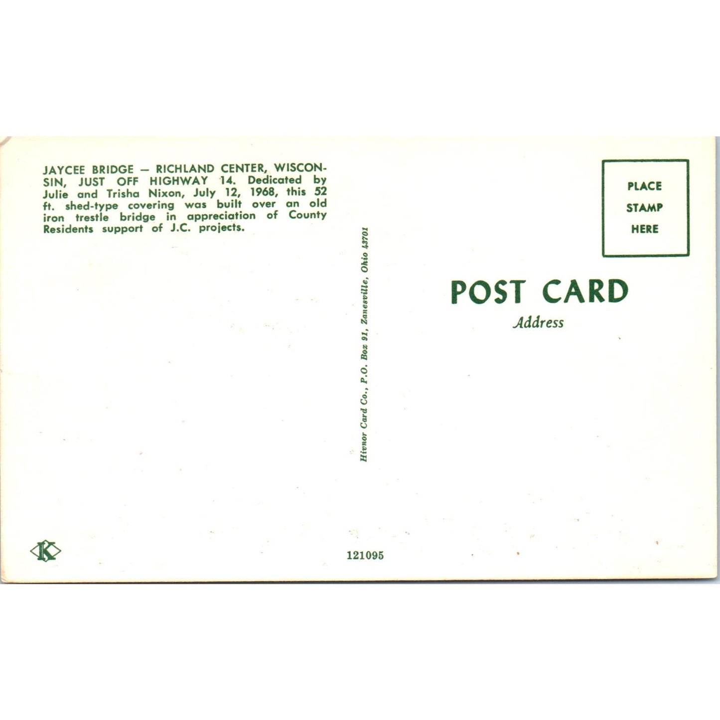 Jaycee Bridge Richland Center WI Vintage Covered Bridge Postcard PD1