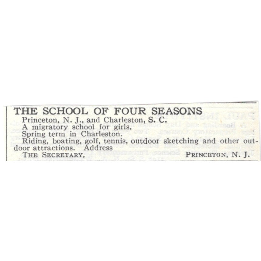 The School of Four Seasons Princeton NJ & Charleston SC c1920 Harper’s Ad AG4-S2